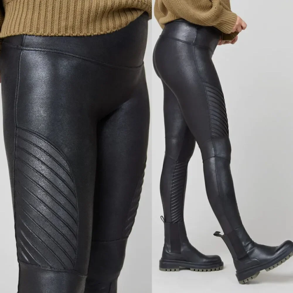 Spanx Women's Size M Black Faux Leather Moto Seamless Leggings Biker Modern